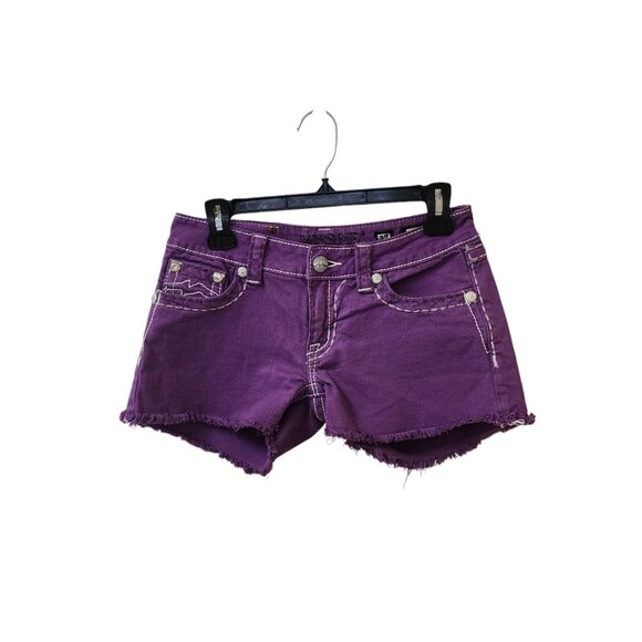 Miss Me Purple Jean Shorts Size 27 Low Rise y2k Raw Hem Thick Stitch FLAW - Picture 1 of 9
